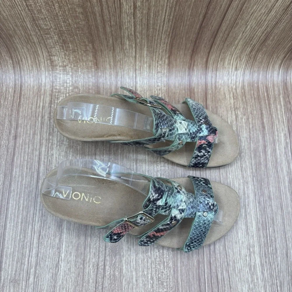 Vionic Wedge Sandals Multi‎ Snakeskin Women Size 6 Adjustable Straps Orthaheel